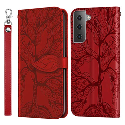 L&Btech Schutzhülle für Samsung Galaxy S21, Premium-PU-Leder, Flip Wallet Cover, Schutzhülle mit Kartenfächern, Magnetverschluss, Schutzhülle für Samsung S21 5G, 6,2 Zoll, Rot von L&Btech