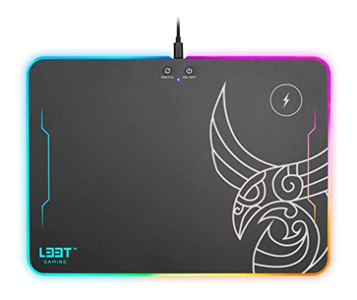 L33T RGB Gaming Mauspad mit 10 W Qi-Ladefunktion (M) 355x255x5,8 mm, Qi Kabelloses Laden, rutschfeste Unterseite, hochwertige Textiloberfläche, vernähten Kanten, Gute Gleiteigenschaften, schwarz von L33T