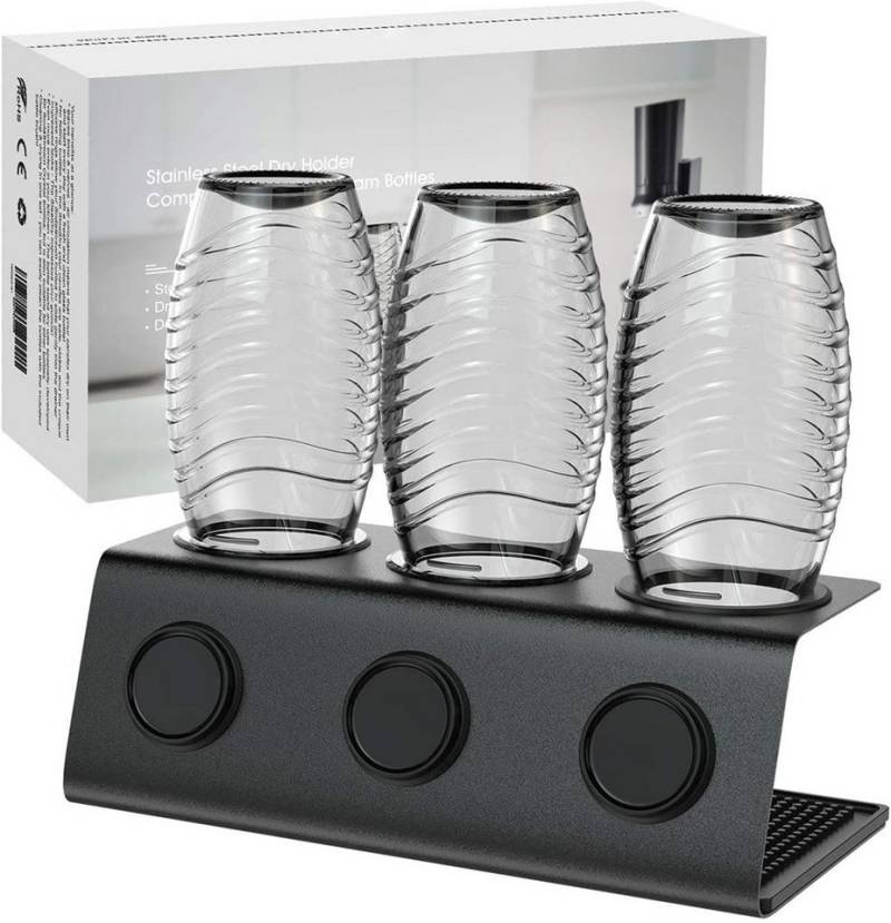 LA CUTE Flaschenhalter Edelstahl Flaschenhalter für Sodastream Crystal - 3er Abtropfständer, (Sodastream Crystal Flaschen Halterung-Set, 1x Flaschenhalterung mit Abtropfmatte mit Reinigungsbürste), Hochwertiger Edelstahl-Flaschenhalter von LA CUTE