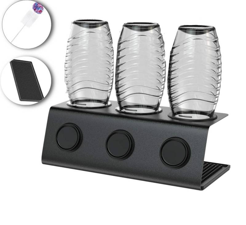 LA CUTE Flaschenhalter Edelstahl Flaschenhalter für Sodastream Crystal - 3er Abtropfständer, (Sodastream Crystal Flaschen Halterung-Set, 1x Flaschenhalterung mit Abtropfmatte mit Reinigungsbürste), Hochwertiger Edelstahl-Flaschenhalter von LA CUTE