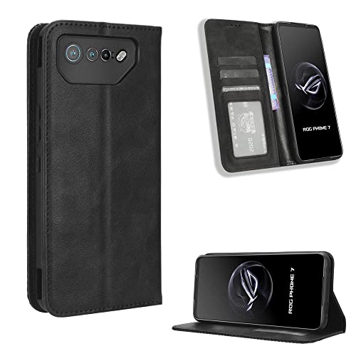 LACAE Kompatible für Asus ROG Phone 7 Handyhülle, PU Leder Flip Hülle für Handy mit Kartenfach Stand und Magnet Funktion als Brieftasche, schwarz von LACAE
