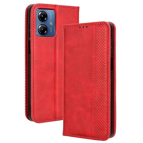 LACAE Kompatible für Motorola Moto G14 Handyhülle, PU Leder Flip Hülle für Handy mit Kartenfach Stand und Magnet Funktion als Brieftasche, rot von LACAE