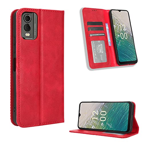 LACAE Kompatible für Nokia C32 Handyhülle, PU Leder Flip Hülle für Handy mit Kartenfach Stand und Magnet Funktion als Brieftasche, rot von LACAE