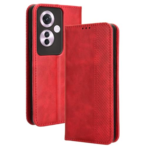 LACAE Kompatible für Oppo Reno11 F 5G Handyhülle, PU Leder Flip Hülle für Handy mit Kartenfach Stand und Magnet Funktion als Brieftasche, rot von LACAE