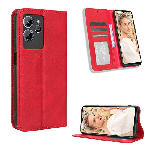 LACAE Kompatible für Oukitel C32 Handyhülle, PU Leder Flip Hülle für Handy mit Kartenfach Stand und Magnet Funktion als Brieftasche, rot von LACAE