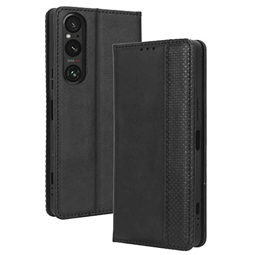 LACAE Kompatible für Sony Xperia 1 V Handyhülle, PU Leder Flip Hülle für Handy mit Kartenfach Stand und Magnet Funktion als Brieftasche, schwarz von LACAE