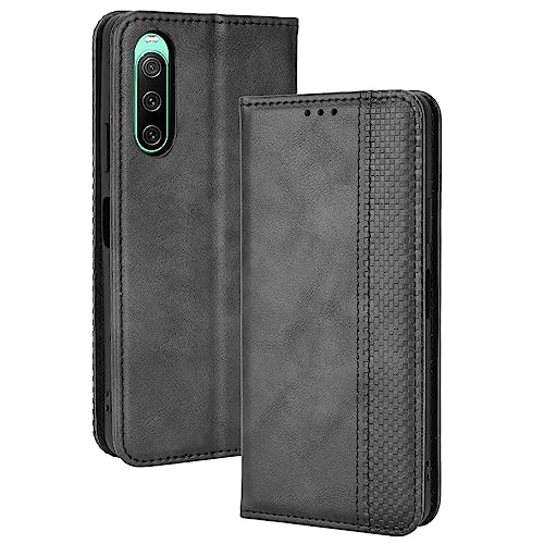 LACAE Kompatible für Sony Xperia 10 V Handyhülle, PU Leder Flip Hülle für Handy mit Kartenfach Stand und Magnet Funktion als Brieftasche, schwarz von LACAE