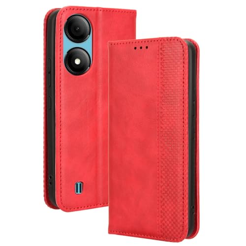 LACAE Kompatible für ZTE Blade A33s Handyhülle, PU Leder Flip Hülle für Handy mit Kartenfach Stand und Magnet Funktion als Brieftasche, rot von LACAE