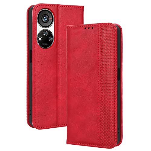 LACAE Kompatible für ZTE Blade V40s Handyhülle, PU Leder Flip Hülle für Handy mit Kartenfach Stand und Magnet Funktion als Brieftasche, rot von LACAE