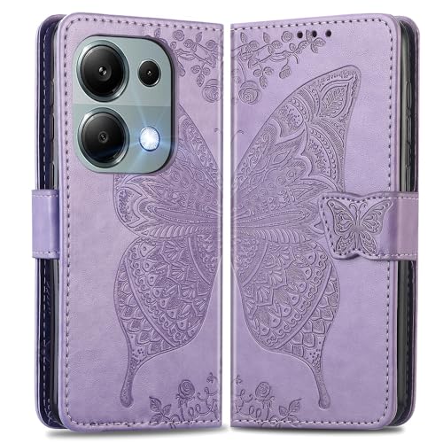 LACAE Xiaomi Redmi Note 13 Pro 4G Hülle, Handyhülle Schönes Schmetterlingen und Blumenranken Brieftasche PU Lederhülle Kompatibel für Xiaomi Redmi Note 13 Pro 4G, helles Lila von LACAE