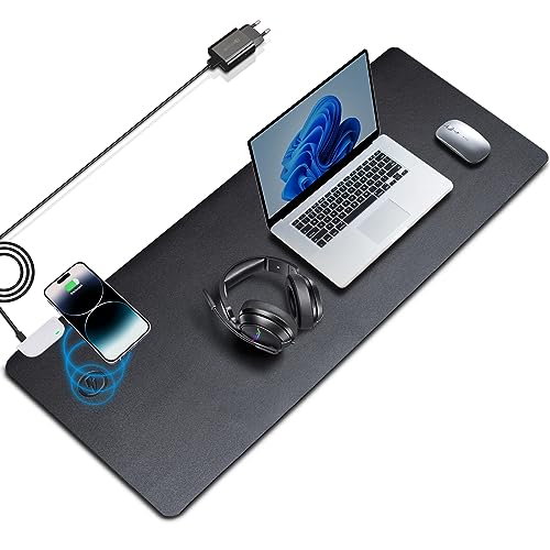 LADSTAG Schreibtischunterlage Leder Mauspad XXL mit Induktive Ladegerät, Schreibtisch Unterlegmatte Tischunterlage XXL Gaming Mousepad mit Wireless Charger Schwarz(800×320 mm) von LADSTAG