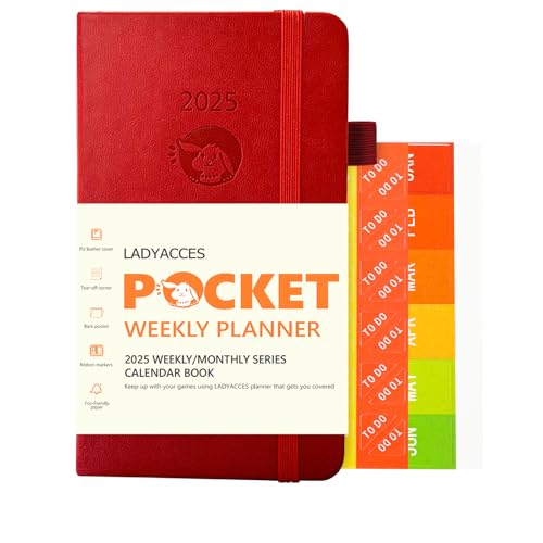 LADYACCES Taschenkalender 2025 [Jan.2025-Dez.2025 - Kleine Größe 16,5 x 9 cm] - Kalender 2025 Klein mit PU Leder Hardcover - A6 Planer 1 Woche 2 Seiten mit Innentasche - Rot EUWMA6 von LADYACCES