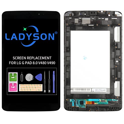Ersatz-LCD-Display für LG G Pad 8.0 V480 V490, Touchscreen-Digitizer, Frontscheibe und LCD-Bildschirm-Reparatur mit Werkzeug (schwarz mit Rahmen) von LADYSON