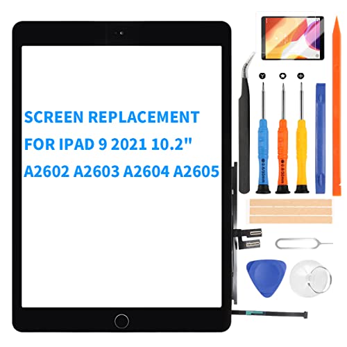 Ersatzdisplay Kompatibel für iPad 9 (9. Generation) für iPad 10.2 2021 Touch Glas Panel Digitizer Modell A2602 A2603 A2604 A2605 Reparaturset + Home-Button mit Displayschutz Glas +Werkzeug (schwarz) von LADYSON