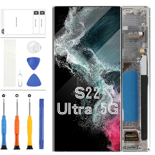 OLED LCD Display für 6,8 Zoll Samsung Galaxy S22 Ultra 5G S908 S908B SM-S908B SM-S908B/DS LCD Touchscreen Montage Ersatz Glas Digitizer mit Werkzeug (Weiß mit Rahmen) von LADYSON
