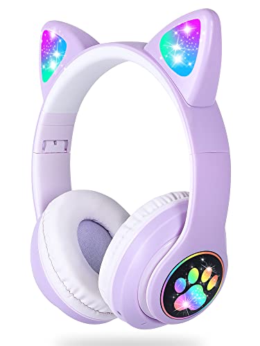 LAIBUY Bluetooth Kopfhörer Kinder, Kabellos Kinder Kopfhörer mit LED-licht Katzenohren und Mikrofon,HD Stereo Sound Faltbare Mädchen Kopfhörer für PC/Telefon/Lernen/Reisen von LAIBUY