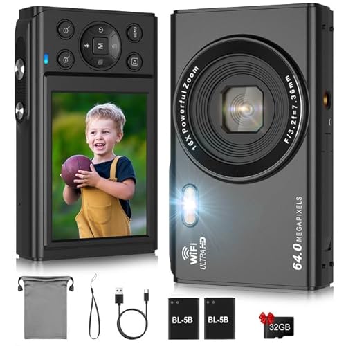 LAMA Digitalkamera, Fotokamera 4K 64MP Mini Digitalkameras Autofokus Kompaktkamera, 2,8 '' LCD 16X Zoom Blitz Digital Kamera mit 32G Karte, 2 Akku, Fotokamera für Kinder, Teenager, Anfänger(Schwarz) von LAMA