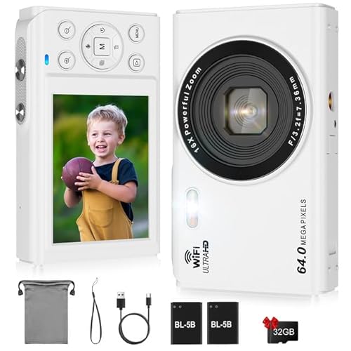 LAMA Digitalkamera, Fotokamera 4K 64MP Mini Digitalkameras Autofokus Kompaktkamera, 2,8 '' LCD 16X Zoom Blitz Digital Kamera mit 32G Karte, 2 Akku, Fotokamera für Kinder, Teenager, Anfänger(Weiß) von LAMA