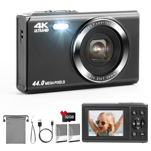 LAMA Digitalkamera, Mini Digitalkameras 4K 44MP Fotokamera Autofokus Kompaktkamera, 2,4 '' LCD 16X Zoom Blitz Digital Kamera mit 32G Karte, 2 Akku, Fotokamera für Kinder, Teenager, Anfänger(Schwarz) von LAMA