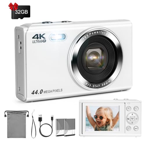 LAMA Digitalkamera, Mini Digitalkameras 4K 44MP Fotokamera Autofokus Kompaktkamera, 2,4 '' LCD 16X Zoom Blitz Digital Kamera mit 32G Karte, 2 Akku, Fotokamera für Kinder, Teenager, Anfänger(Weiß) von LAMA