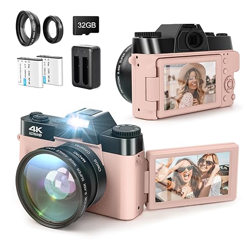 LAMA Digitalkamera, Mini Digitalkameras 4K 48MP Fotokamera Autofokus Kompaktkamera mit 180° Flip 3.0" Bildschirm, 16X Zoom Blitz Digital Kamera mit Weitwinkel Linse, 32G Karte, 2 Akku (Rosa) von LAMA