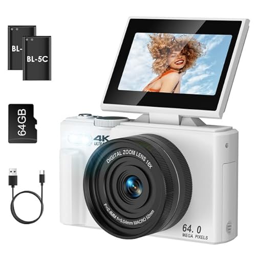 LAMA Digitalkamera, Mini Digitalkameras 4K 64MP Fotokamera mit 64G SD-Karte, Kompaktkamera 3,0 Zoll 180° Flip-Screen 18X Zoom Digital Kamera, Fotokamera für Kinder Teenager Anfänger (Weiß) von LAMA