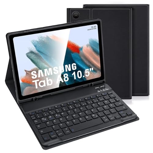 LAMA Samsung Galaxy Tab A8 Hülle mit Tastatur, Kabellose Tastatur Hülle für Tab A8 10,5“ 2021(SM-X200/X205/X207), Bluetooth Tastatur Hülle Schützhülle mit Stifthalter -Deutsches QWERTZ Layout, Schwarz von LAMA