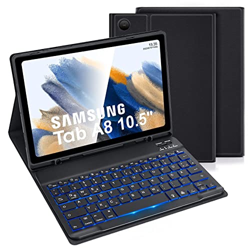 LAMA Samsung Galaxy Tab A8 Hülle mit Tastatur, Kabellose Tastatur Hülle für Tab A8 10,5“ 2021 (SM-X200/X205/X207), Magnetische Kabellose Bluetooth Tastatur Hülle, QWERTZ Layout (Schwarz Beleuchtet) von LAMA