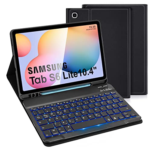 LAMA Samsung Galaxy Tab S6 Lite Hülle mit Tastatur-Deutsches QWERTZ Layout, Kabellose Tastatur Hülle für Tab S6 Lite 10,4“ 2020/2022(SM-P610/P615/P613/P619),Bluetooth Tastatur Hülle,Schwarz Beleuchtet von LAMA