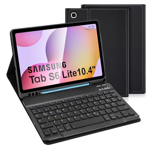 LAMA Samsung Galaxy Tab S6 Lite Hülle mit Tastatur - Deutsches QWERTZ Layout, Kabellose Tastatur Hülle für Tab S6 Lite 10,4“ 2020/2022 (SM-P610/P615/P613/P619), Bluetooth Tastatur Hülle, Schwarz von LAMA