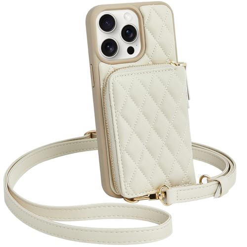 Kompatibel mit iPhone 14 Pro Wallet Case, LAMEEKU Kartenhalter Hülle für Frauen Crossbody Geldbörse Hülle Gestepptes Leder für Frauen RFID Hülle Kompatibel mit iPhone 14 Pro, 6,1 Zoll-Beige (2022) von LAMEEKU