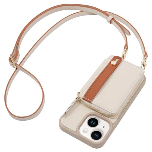 LAMEEKU Schutzhülle für iPhone 15, mit Kreditkartenfach, Reißverschluss, Leder, Crossbody-Tasche mit Handy-Halterung, Ständer, Handschlaufe, Umhängeband für Damen, für Apple iPhone 15, 15,5 cm (6,1 von LAMEEKU
