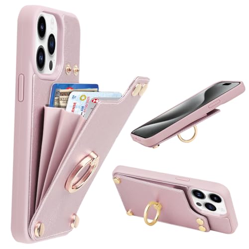 LAMEEKU Schutzhülle für iPhone 15 Pro Max, Brieftaschenformat, Hülle mit Kartenhalter, 360° drehbarer Ringständer, RFID-blockierend, Leder-Schutzhülle für Damen, für Apple iPhone 15 Pro Max 6,7 Zoll, von LAMEEKU