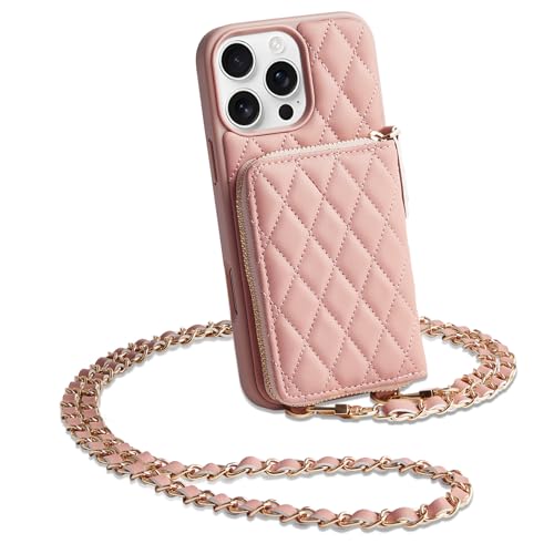 LAMEEKU Schutzhülle für iPhone 16 Pro, mit Kartenhalter, RFID-blockierende Handschlaufe, Crossbody-Handyhülle für Damen, für iPhone 16 Pro, 16 cm (6,3 Zoll), Rosa von LAMEEKU