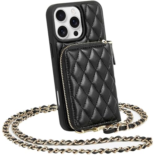 LAMEEKU Schutzhülle für iPhone 16 Pro, mit Kartenhalter, RFID-blockierende Handschlaufe, Crossbody-Handyhülle für Damen, für iPhone 16 Pro, 16 cm (6,3 Zoll), Schwarz von LAMEEKU