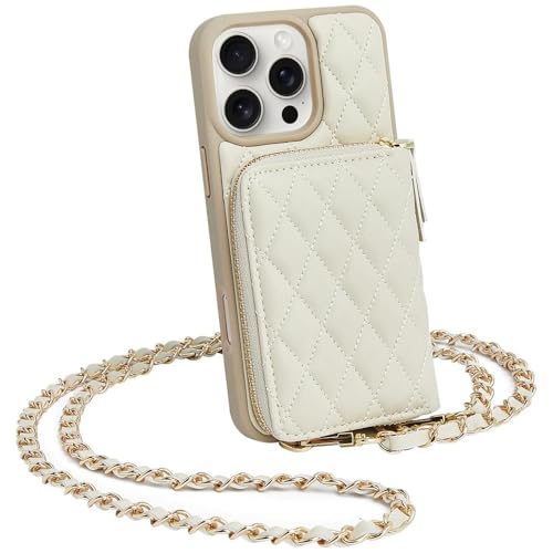 LAMEEKU Schutzhülle für iPhone 16 Pro, mit Kartenhalter, gestepptes Leder, mit Reißverschluss, Crossbody-Tasche für Damen, Design für iPhone 16 Pro, 16 cm (6,3 Zoll), Beige von LAMEEKU