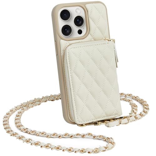 LAMEEKU Wallet Case Compatible iPhone 13 Pro Max, Crossbody Case Quilted Leather Card Holder with Chain Strap Protective Bumper Case Compatible with iPhone 13 Pro Max, 6,7 Zoll - Ivory von LAMEEKU