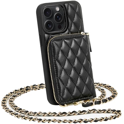 LAMEEKU Wallet Case Compatible with iPhone 13 Pro Max, Card Holder Case Crossbody Chain Case Quilted Leather Lady Handbag Case Compatible with iPhone 13 Pro Max, 6,7 Zoll - Black von LAMEEKU