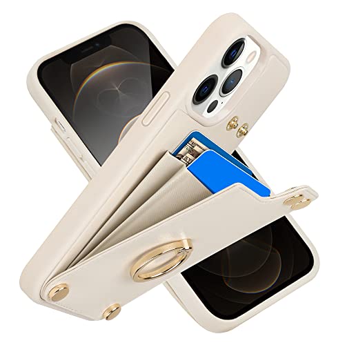 LAMEEKU für iPhone 12 Pro/iPhone 12 Wallet Case 6,1 Zoll, Lederhülle mit Kartenhalter, 360° Drehringständer, RFID-blockierende Schutzhülle für Frauen für Apple iPhone 12 / iPhone 12 Pro Beige von LAMEEKU