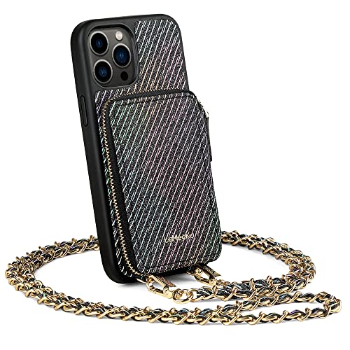 LAMEEKU iPhone 13 Pro Wallet Case 6.1 Zoll, iPhone 13 Pro Kartenhalter, Hülle Glitzer mit Leder-Umhängeband mit Umhängeband, RFID-Handtaschen-Handyhülle, 6.1 Zoll (schwarze Line) von LAMEEKU
