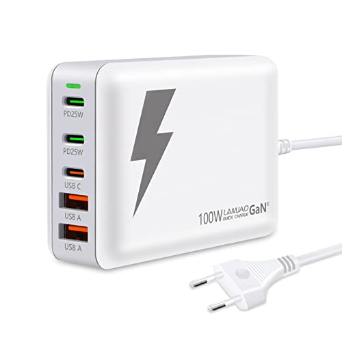 LAMJAD 100W USB C Ladegerät, PD GaN III Netzteil, 5 Port Schnellladegerät [3 USB C + 2 USB A] Kompatibel Mit iPhone 14/13/12, iPad Pro, Galaxy S22/S21, Pixel (Weiss) von LAMJAD