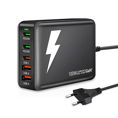 LAMJAD 100W USB C Ladegerät, 5 Port Schnellladegerät [3 USB C + 2 USB A], PD GaN III Netzteil Kompatibel Mit iPhone 15/14/13/12, iPad Pro, Galaxy S22/S21, Pixel (Schwarz) von LAMJAD