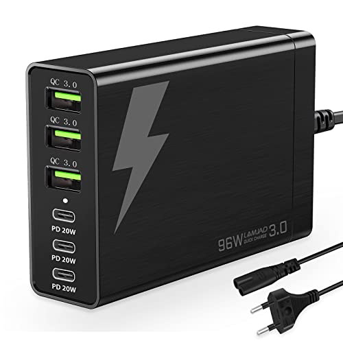 LAMJAD 96W USB Ladestation 6-Port Wandladegerät,Tragbarer Mehrfach Port USB Ladegerät mit 3 USB-C, Compatible für alle iPad,13plus/12Pixel Samsung Galaxy von LAMJAD