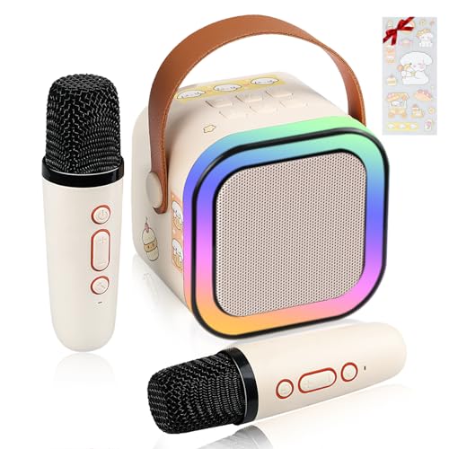 LAMJAD Karaoke Maschine Kinder mit 2 Drahtlosen Mikrofonen,Tragbares Bluetooth KTV Anlage mit LED-Licht und Sprachveränderungseffekten, Geschenke für Alter 3-12 Kinder (Beige) von LAMJAD