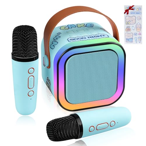 LAMJAD Karaoke Maschine Kinder mit 2 Drahtlosen Mikrofonen,Tragbares Bluetooth KTV Anlage mit LED-Licht und Sprachveränderungseffekten, Geschenke für Alter 3-12 Kinder (Blau) von LAMJAD