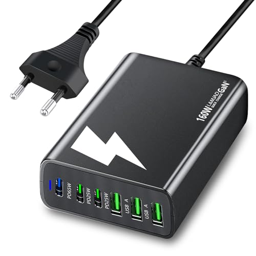 LAMJAD USB C Ladegerät Mehrfach,160W GaN USB C Netzteil 【3 USB-C + 3 USB-A】,6 Ports Schnellladegerät Charger Kompatibel mit MacBook Pro/Air,iPad Pro/Air,iPhone/Samsung/Google/Xiaomi/Huawei (Schwarz) von LAMJAD