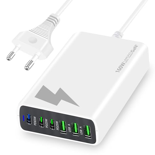 LAMJAD USB C Ladegerät Mehrfach,160W GaN USB C Netzteil [3 USB-C + 3 USB-A],6 Ports Schnellladegerät Charger Kompatibel mit MacBook Pro/Air,iPad Pro/Air,iPhone/Samsung/Google/Xiaomi/Huawei (Weiss) von LAMJAD