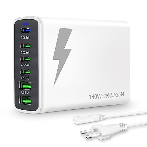 USB C Ladegerät,LAMJAD 140W GaN USB Ladegerät Mehrfach【4 USB-C + 2 USB-A】,6 Ports USB C Netzteil Kompatibel mit MacBook Pro/iPhone/Samsung/Google/Xiaomi/Laptop/Tablet und Anderen USB Geräten (Weiss) von LAMJAD