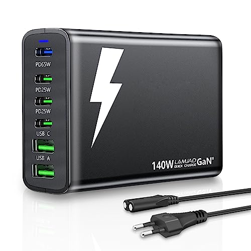 USB C Ladegerät,LAMJAD 140W GaN USB Ladegerät Mehrfach【4 USB-C + 2 USB-A】,6 Ports USB C Netzteil Kompatibel mit MacBook Pro/iPhone/Samsung/Google/Xiaomi/Laptop/Tablet und Anderen USB Geräten (Schwarz) von LAMJAD