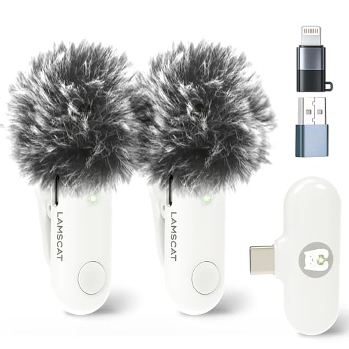 LAMSCAT Kabellose Lavalier-Mikrofon for iPhone/ipad/Android/USB c/PC, Lavalier Mikrofon Wireless for Recording, Live Streaming, YouTube, TikTok, Noise Cancellation, No APP Needed (white-2to1) von LAMSCAT